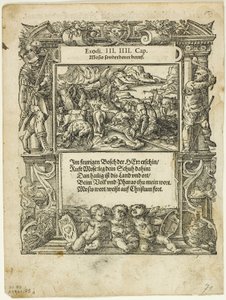 Moses und der brennende Dornbusch (recto) und Der kleine Moses wird in den Fluss gesetzt (verso) aus Neue künstlerische Figuren biblischer Historien, Platte 55 aus Holzschnitten aus Büchern des 16. Jahrhunderts