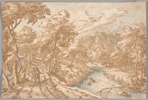 Landschaft mit zwei Männern, die spazieren gehen