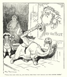 „Zieh das mit mir, und du wirst das Rätsel und die Antwort darin finden“ (Lithographie) von Tom Browne