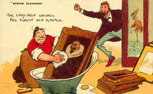 Frühjahrsputz, Die Herrin wäscht Pas feinsten alten Meister (Chromolithografie)