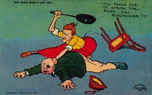Frau schlägt ihren Mann, weil er die Miete ausgegeben hat von Tom Browne