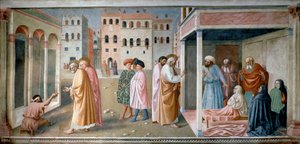 Der heilige Petrus heilt und erweckt Tabitha. Fresko von Tommaso di Cristoforo Fini, genannt Masolino da Panicale von Tommaso Masolino da Panicale