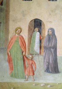 St. Peter heilt einen Krüppel und die Auferweckung der Tabitha: Detail der fernen Figuren: Nonne und Mutter mit Kind, ca. 1427 Fresko