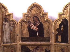 Madonna mit Kind, St. Benedikt und St. Hieronymus, obere Hälfte des Triptychons