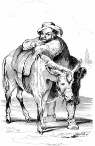 Sancho Panza, Knappe von Don Quijote und sein Esel. Illustration des Romans von Cervantes, veröffentlicht in Frankreich 1845 von Dubochet & Cie, Übersetzung von Louis Viardot, Gravuren von Tony Johannot.