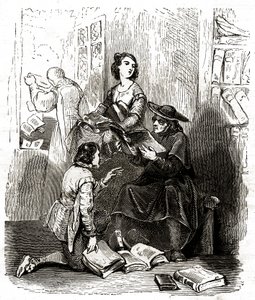 Der Priester Pero Perez und der Barbier Nicolas inspizieren die Bücher in Don Quijotes Bibliothek, ca. 1850 (Illustration) von Tony Johannot