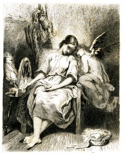 Junge Frau (Spinnerin) schläft an ihrem Rad - ein Engelchen lehnt sich über ihre Schulter - Schlaf - Traum - Träumerei - Liebe - Gravur (Radierung 1845) von Tony Johannot (Antoine Johannot genannt)
