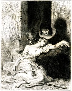 Junge Frau sichtbar leidend (krank) auf den Knien einer älteren Frau, die ihr einen Trank verabreicht (Radierung) von Tony Johannot