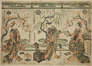 Die Schauspieler Sanogawa Ichimatsu (rechts), Nakamura Tomijuro (Mitte) und Nakamura Kumetaro (links), aus Ein Vergleich - Set von Drei (Nazorae Sanpukutsui) von Torii Kiyohiro