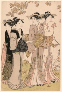 Schönheiten unter einem Ahornbaum, aus der Serie "Eine Sammlung zeitgenössischer Schönheiten der Vergnügungsviertel (Tosei yuri bijin awase)"