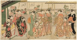 Kurtisanen von Yoshiwara und ihre Begleiter betrachten die Pfingstrosen auf Nakanocho von Torii Kiyonaga