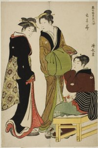 Blumen des Doteshita-Distrikts (Dotebana), aus der Serie "Eine Sammlung zeitgenössischer Schönheiten der Vergnügungsviertel (Tosei yuri bijin awase)" von Torii Kiyonaga