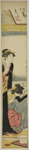 Geisha und Dienerin auf einem Balkon mit Blick auf die Bucht