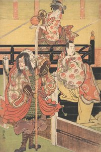 Auf einem Balkon sitzt eine Frau und spielt Tsuzumi, darunter ein Mann im Daimyo-Kostüm, ca. 1790