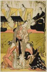 Die Schauspieler Sawamura Sojuro III als Soga no Juro, Osagawa Tsuneyo II als Oiso no Tora, Azuma Tozo III als Miura Katagai und Otani Tokuji I als Danzaburo, im Joruri Chidorigake Koi no Tamaboko, aufgeführt im Ichimura-Theater im ersten Monat, 1784 von Torii Kiyonaga