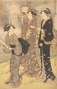 Drei junge Frauen spazieren am Ufer des Sumida-Flusses von Torii Kiyonaga
