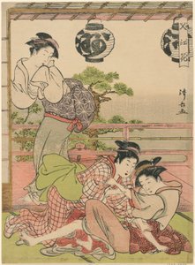 Zwei Geishas kämpfen um einen Brief (Fumi no arasoi), aus der Serie "Blumen von Nakasu (Nakasu no hana)" von Torii Kiyonaga