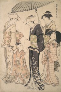 Zwei Frauen im Sommerkostüm bringen ein junges Mädchen zu einem Shinto-Tempel für das Miya Mairi von Torii Kiyonaga