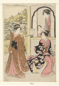 Vier Hofdamen lauschen dem Flötenspiel von Yoshitsune