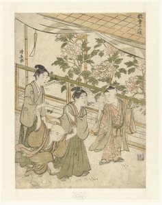 Vier Jungen spielen bei einem Pfingstrosenbeet von Torii Kiyonaga