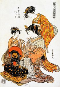 Frau vor dem Spiegel, während ihr Haar gekämmt wird, Ukiyo-e-Kunstdruck von Torii Kiyonaga, Holzschnitt, japanische Zivilisation, Edo-Periode von Torii Kiyonaga