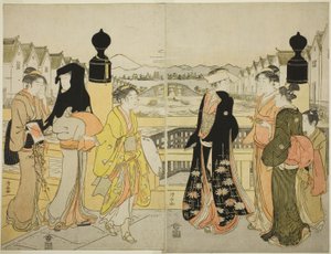 Frauen überqueren die Nihonbashi-Brücke