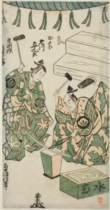 Die Schauspieler Fujikawa Heikuro als Masamune und Matsushima Kichisaburo als Rai Kunitsugu im Stück "Shin Usuyuki Monogatari", aufgeführt im Nakamura-Theater im sechsten Monat, 1746 von Torii Kiyonobu II