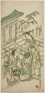 Die Schauspieler Ichimura Kamezo I als Urashima Taro und Takinaka Hidematsu I als Kanemoto Gozen im Stück "Ichi no Tomi Seiwa Nendaiki," aufgeführt im Ichimura Theater im fünften Monat, 1746 von Torii Kiyonobu II