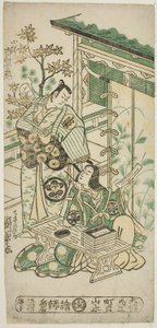 Die Schauspieler Ichimura Uzaemon VIII als Oguri Hangan und Segawa Kikunojo I als Terute no Mae im Stück "Mangetsu Oguri Yakata," aufgeführt im Ichimura-Theater im achten Monat, 1747