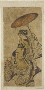 Die Schauspieler Matsumoto Hyozo als Frau mit einem Regenschirm und Nakamura Shichisaburo I als kleiner Junge von Torii Kiyonobu I