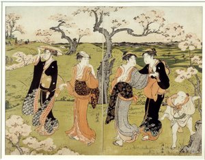 Picknick unter Kirschblüten in Assaakayama. Japanischer Druck von Torii Kiyonaga (1752-1815), Ukiyo-E-Stil von Torii Kuyonaga