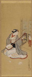 Ein Schauspieler in Frauenkleidern, der eine Samisen bespannt