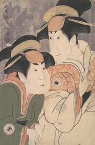 Segawa Tomisaburo II und Nakamura Manyo als Yadorigi und ihre Magd Wakakusa im Stück Han... von Toshusai Sharaku