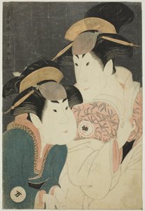 Die Schauspieler Segawa Tomisaburo II (R) als Yadorigi, Ehefrau von Ogishi Kurando, und Nakamura Manyo (L) als Diener Wakakusa von Toshusai Sharaku