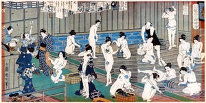 Badeszene, ein Druck von Toyohara Kunichika