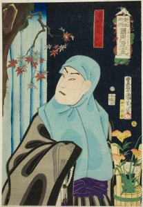 Der Schauspieler Sawamura Tossho II als Karukaya Doshin, Nr. 5 aus der Serie "Blumen von Tokio: Karikaturen von Kunichika (Azuma no hana Kunichika manga)" von Toyohara Kunichika