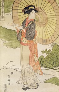 Stehende Frau mit Sonnenschirm (Farbholzschnitt)