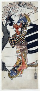 Japanische Frau im Kimono, die Gedichte in einen blühenden Kirschbaum hängt, japanischer Holzschnitt von Ishikawa Toyonobu (1711-1785) ca. 1741