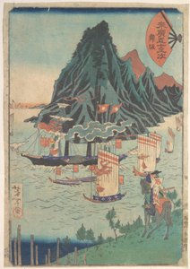 Dreiundfünfzig Stationen von Suehiro: Krieger betrachtet vorbeifahrendes Dampfschiff von Tsukioka Yoshitoshi