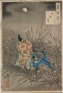 Fujiwara no Yasumasa spielt bei Mondschein in einer offenen Heidelandschaft Flöte von Tsukioka Yoshitoshi