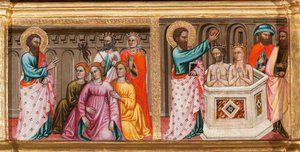 Predella mit dem Leben des hl. Bartholomäus, Exorzismen und Taufen, Detail aus Jungfrau und Kind umgeben von Engeln und Heiligen (Öl auf Tafel)