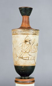 Attische weißgrundige Lekythos, dekoriert mit Charon, dem Fährmann der Unterwelt, der die Seele eines Verstorbenen empfängt, aus Athen, ca. 475-425 v. Chr.