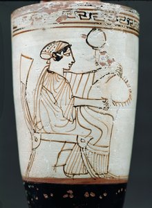 Attische weiße Lekythos, die eine Frau zeigt, die einen Kranz flechtet, ca. 475-420 v. Chr.