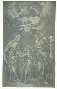 Die Heilige Familie wandert unter Gott dem Vater und dem Heiligen Geist von Ubekendt