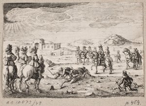 Europäische Reiter in einer offenen Landschaft. Im Hintergrund ein Karawanserei von Ubekendt