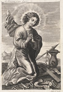 Das Jesuskind kniend vor den Leidenswerkzeugen