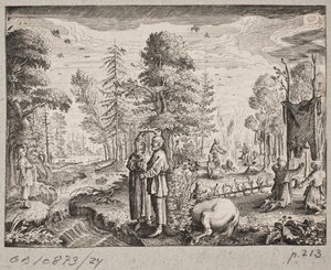 Waldszene mit Männern am Ufer eines Baches