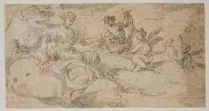Aurora sitzt in Wolken, umgeben von Putti, die Girlanden binden. Zwei Seiten aus einem Skizzenbuch