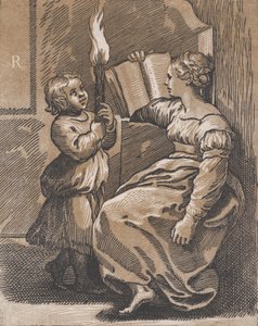 Eine Sibylle liest ein Buch nach links, nach 1518 von Ugo da Carpi