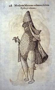 Der See-Eveque, imaginärer Fisch und Meeresmonster von Ulisse Aldrovandi (1522-1605), „Monstrorum Historiae“, Bologna 1642 von Ulisse Aldrovandi